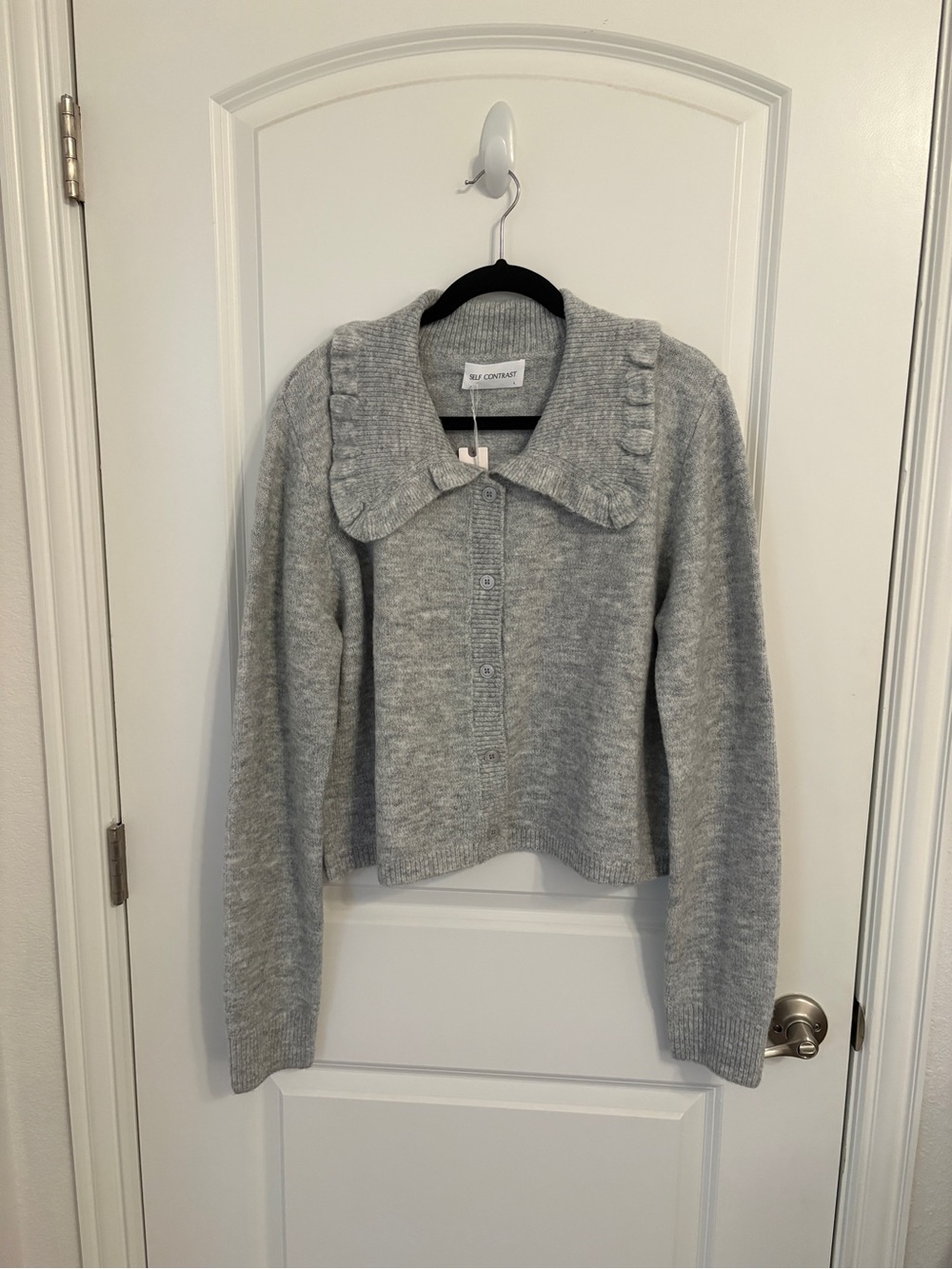 Self Contrast Grey Ruffle Collar Button-Up Cardigan Sweater L NWT